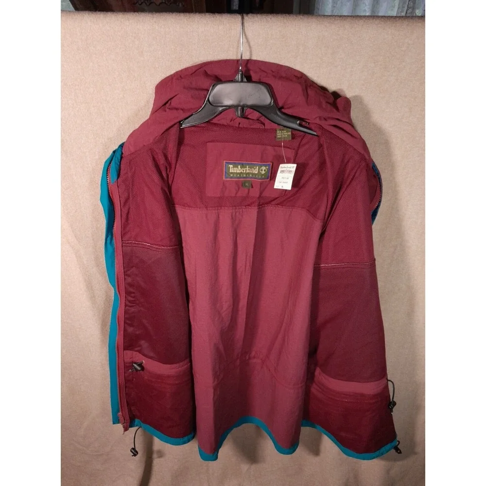 Timberland Rain Jacket Mens Burgundy Teal XL Vintage 90s Weathergear Hooded Coat